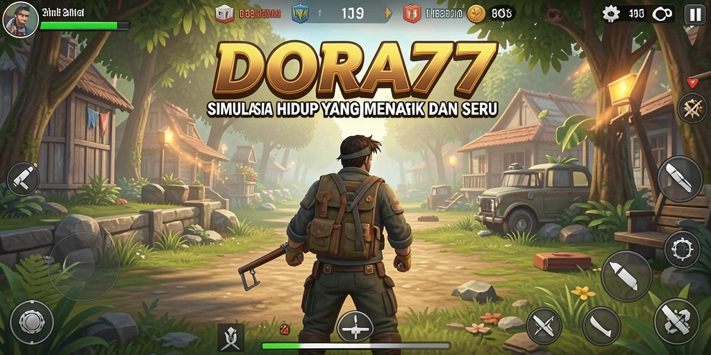 Tampilan gameplay DORA77 yang menampilkan interaksi karakter dan lingkungan.