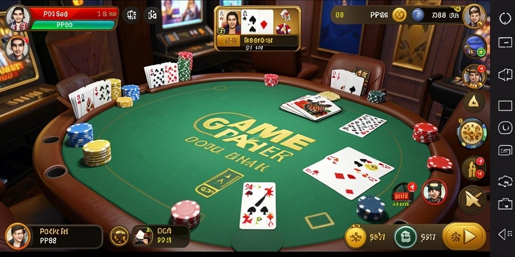 Tampilan gameplay PP88 dengan suasana meja Poker yang mendebarkan.