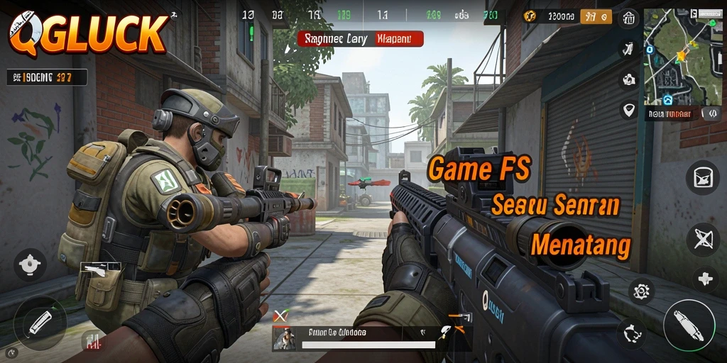 Screenshot gameplay QGLUCK menunjukkan aksi tembak-menembak yang intens.