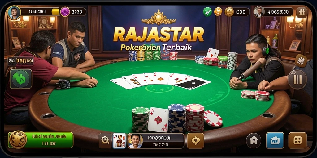 Screenshot menunjukkan pemain serius bertaruh di meja poker RAJASTAR.