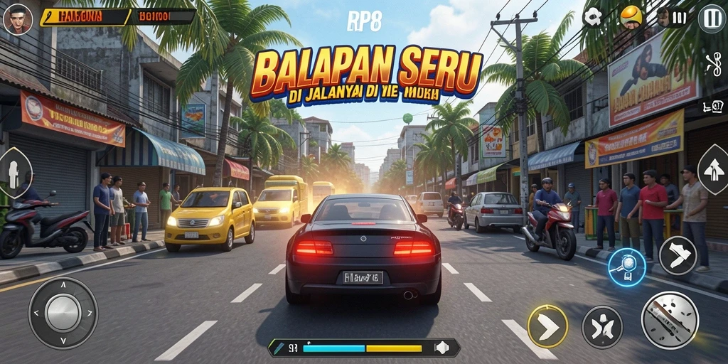 Tangkapan layar menunjukkan aksi balapan menegangkan di RP8.