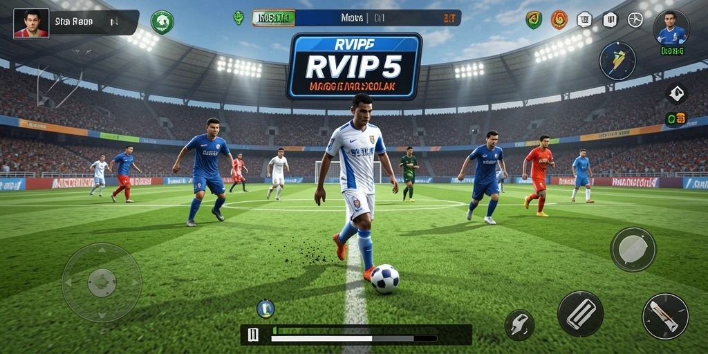 Gambar gameplay yang menampilkan aksi pertandingan sepak bola yang mendebarkan.