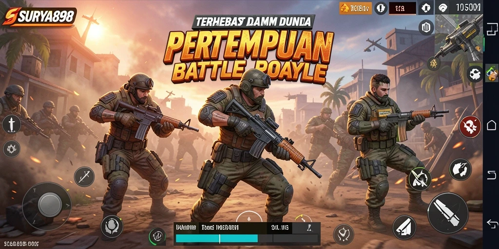 Tangkapan layar utama SURYA898 menunjukkan aksi intens battle royale.