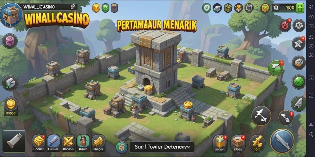 Tangkapan layar gameplay WINALLCASINO menunjukkan serunya pertarungan dalam Tower Defense.